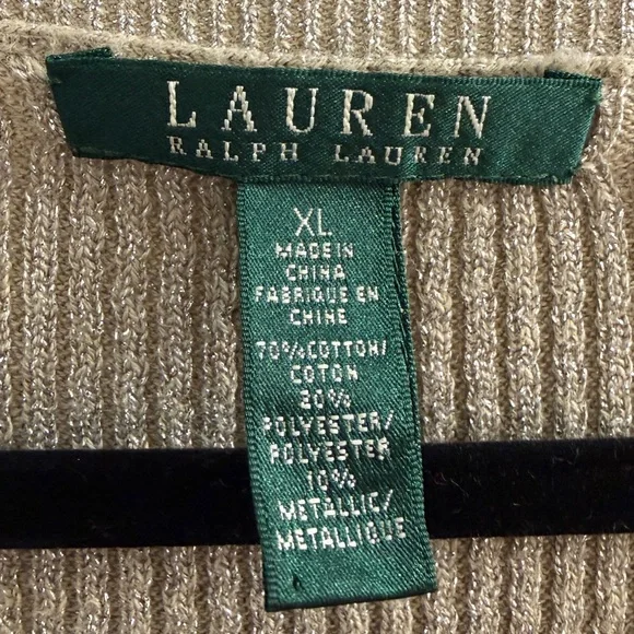 Lauren Ralph Lauren Gold Metallic V-Neck Sweater XL Shimmer Ribbed Knit - Picture 3 of 11